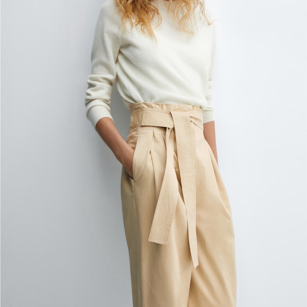 Mango paper bag , high waist, straight fit Trouser in  size 4, khaki color, NWT